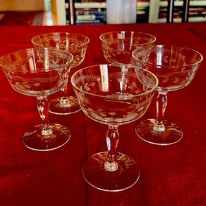 Five vintage Champagne Coupe Crystal stems. 4 1/8" tall X 3" dia.